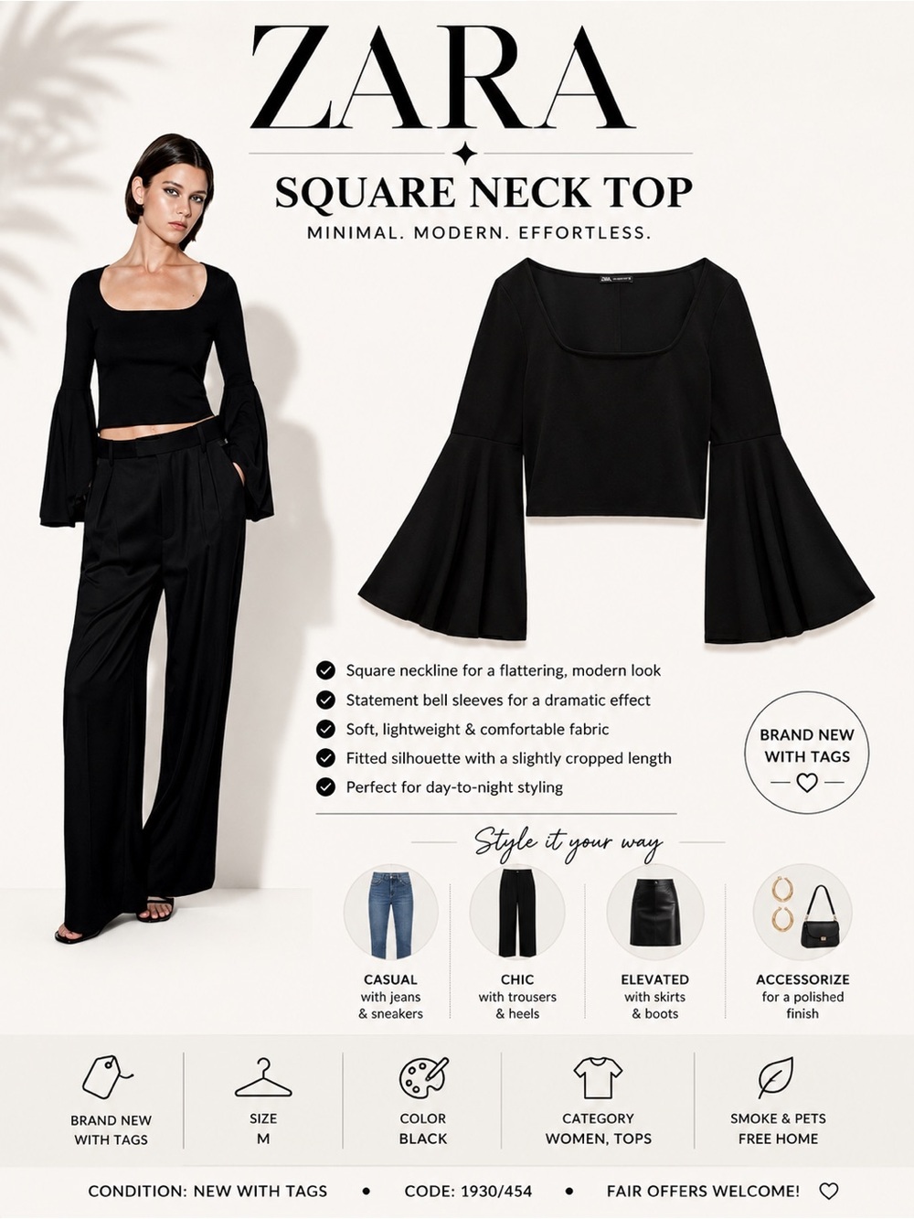 Zara Black Square Neck Top Size M NWT Bell Sleeve Cropped Blouse